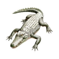 Fototapeta premium A detailed illustration of a crocodile showcasing its intricate scales and powerful body posture, captured against a white isolated background.