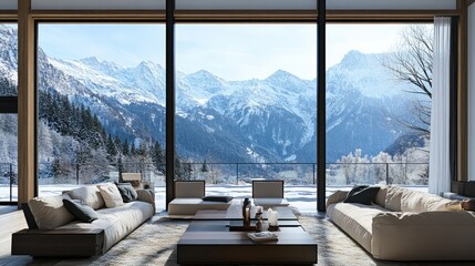Stylish alpine retreat with floor-to-ceiling windows and a view of snow-covered mountains