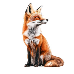 A detailed illustration of a sitting fox, showcasing its vibrant fur and keen expression. Ideal for wildlife themes and nature-related projects on a white isolated background.