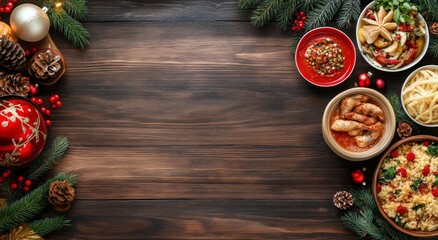 A festive holiday feast spread with various dishes arranged beautifully on a wooden table
