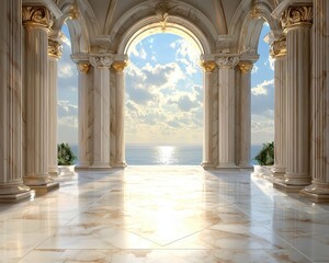 Elegant marble hall with grand columns and scenic ocean view under a cloudy sky.