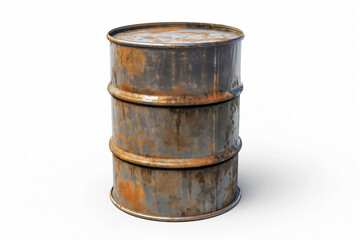 Fototapeta premium Rusty oil barrel standing on a white background, suggesting concepts of industry, pollution, and the passage of time