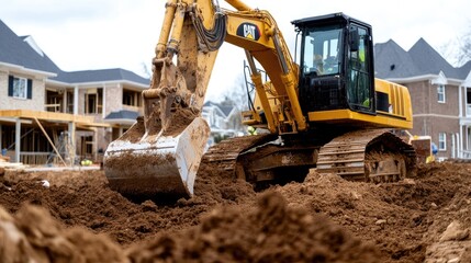 Excavator Working on Construction Site in Urban Area
