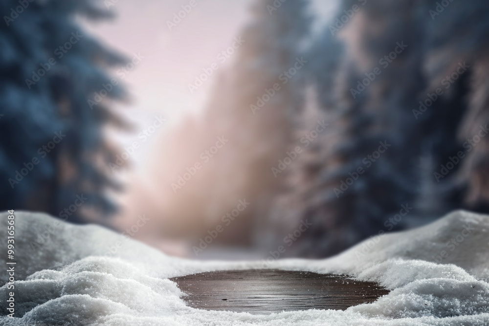 Wall mural empty wooden table top coverd with snow with copy space and winter snowing trees and mountain backgr
