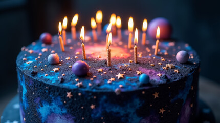 A beautifully crafted birthday cake resembling a galaxy, topped with lit candles and decorated with colorful planets and shimmering stars, creating a festive look