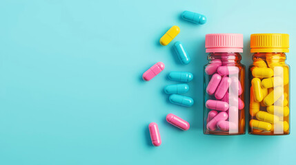 Colorful capsules and pill bottles on a bright blue background, ideal for medical or wellness themes.