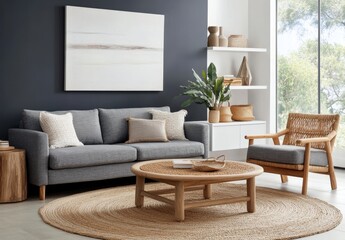 Modern living room design featuring cozy seating and natural decor in a stylish indoor space