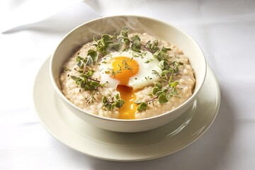 a beautifully served porridge with a soft-boiled egg and fresh herbs