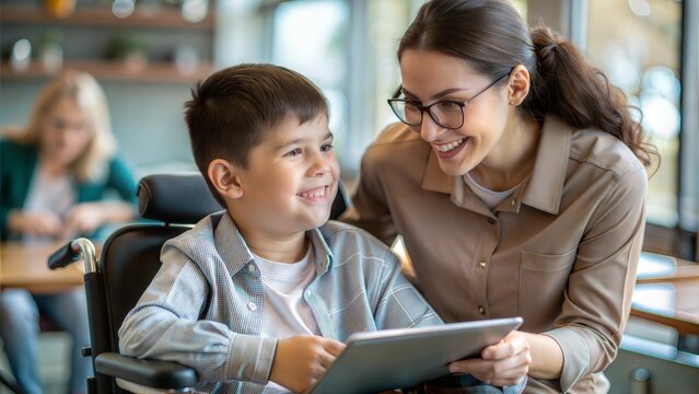 A close-up of a teacher guiding a learning-disabled student with a supportive smile.
