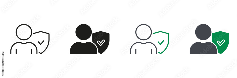 Poster shield protect person line and silhouette icon set. security for user pictogram. safety in business.