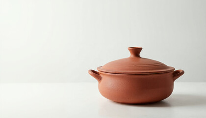 Minimalist earthenware casserole centered, highlighting its handmade design for advertising.


