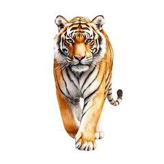 Obraz premium A majestic tiger walking confidently, showcasing its powerful physique and striking striped coat against a white background, embodying the essence of wild beauty.