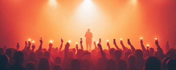 An energetic concert scene with a singer performing on stage while fans raise their hands, illuminated by vibrant orange lights.