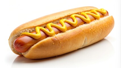 street food, lunch, food, fast food, white background, picnic, mustard, hotdog,yellow mustard, American cuisine, Yellow mustard hotdog on a white background taken from a worm s eye view