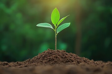 Fototapeta premium Fresh green sprout emerging from rich soil, symbolizing growth and new beginnings in nature.