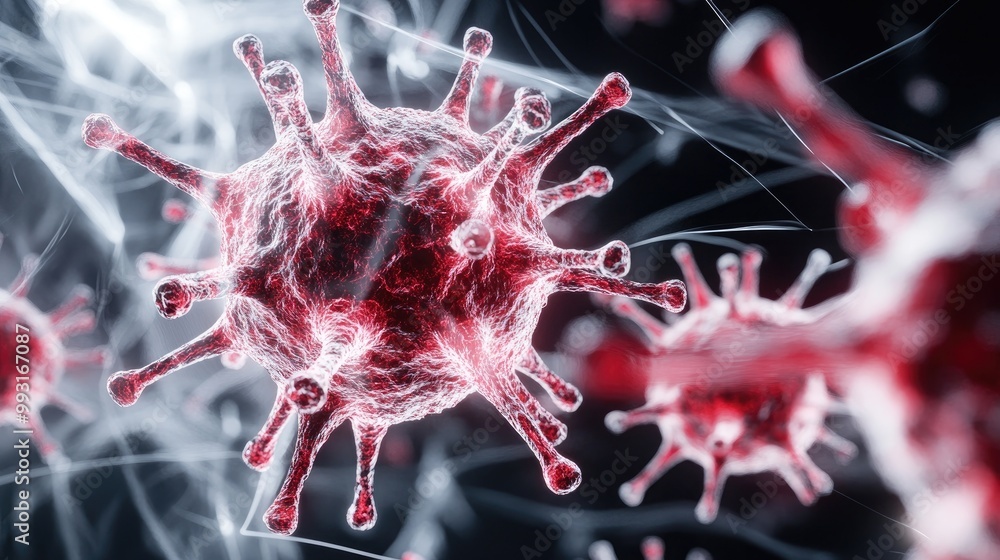 Poster virus particles with intricate structures, showcasing their red coloration and surrounding fibers in