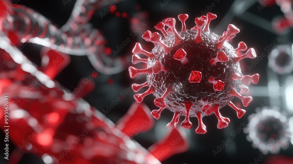 Poster virus, showcasing its structure with red spikes against a dark background, emphasizing its microscop