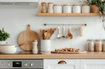 Modern kitchen featuring white cabinetry, wooden shelves, and meal preparation in a cozy setting