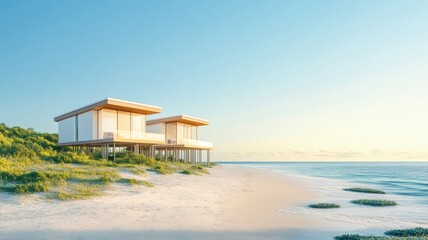 Modern beachfront house with serene ocean view, perfect for relaxation and vacation, surrounded by nature and tranquility.