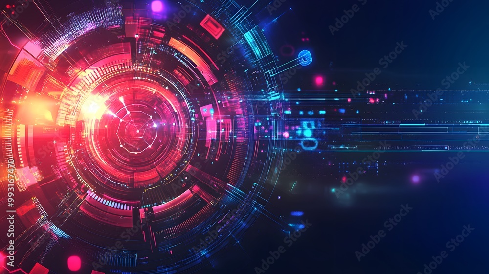 Poster abstract digital interface with glowing red and blue elements