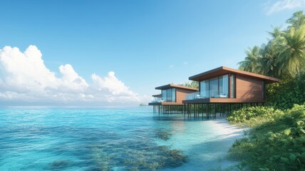 Fototapeta premium Stunning oceanfront villas surrounded by lush greenery and crystal-clear waters, ideal for tropical escape and relaxation.