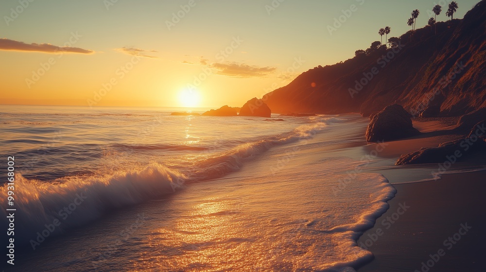 Poster sunset over serene beach with gentle waves lapping against the shore and palm trees in the backgroun