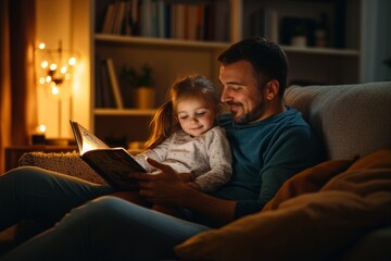 Full-length photo of a young father reading a book to his little daughter at home, sitting on the sofa in a cozy living room with warm light from a lamp.