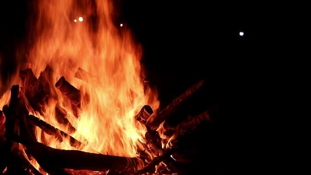 View loop of burning firewoods, bright firecamp with sparks at night, Camp fire in the night. Exploring the wildness travelling in outdoor