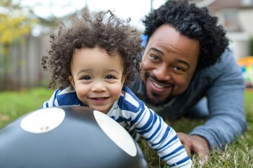 Black father playing with his son in the park, smiling and laughing. National Play With Dad Day.