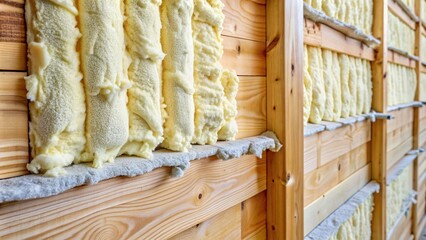 Polyurethane foam insulation fills the gaps in a wooden wall providing excellent thermal insulation and energy efficiency, air tight, eco-conscious, walls, renovation, foam application