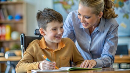 A close-up of a teacher guiding a learning-disabled student with a supportive smile.
 - Powered by Adobe