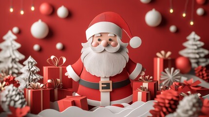 Santa clause dressed in traditional red and white is surrounded by gifts and christmas lights
