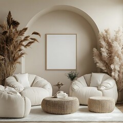 Modern Minimalist Interior Illustration With Wooden Furniture And Pampas Grass