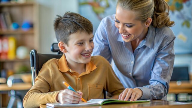A close-up of a teacher guiding a learning-disabled student with a supportive smile.
