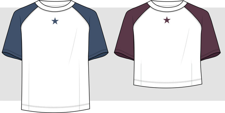 unisex men's and women's Raglan Sleeve Tee Shirt fashion flat technical drawing template. Slit T-Shirt technical fashion illustration. star shirt print.