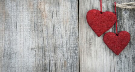 Two rustic red hearts on a weathered wooden background for a romantic decoration
