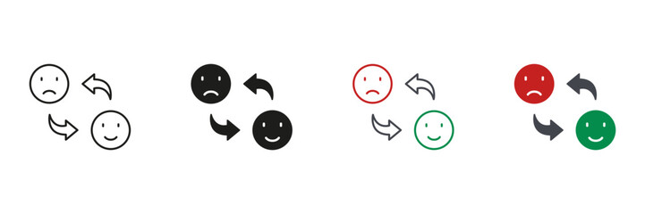 Fototapeta premium Mood Changes Line and Silhouette Icon Set. Happy Smile Change to Sad Face Pictogram. Bipolar Emoticon Expression Symbol. Positive and Unhappy Emotion. Editable Stroke. Isolated Vector Illustration