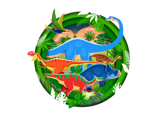 Paper cut prehistoric era landscape with dinosaurs characters within round layered 3d vector frame. Dino species in jungle forest with a volcano, emphasizing the dynamic and diverse Jurassic world