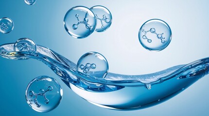 Water Molecule Bubbles in Blue Liquid - Science Abstract