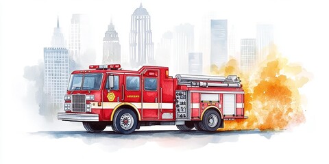 Fire truck in motion with dramatic background of cityscape, white isolate background.