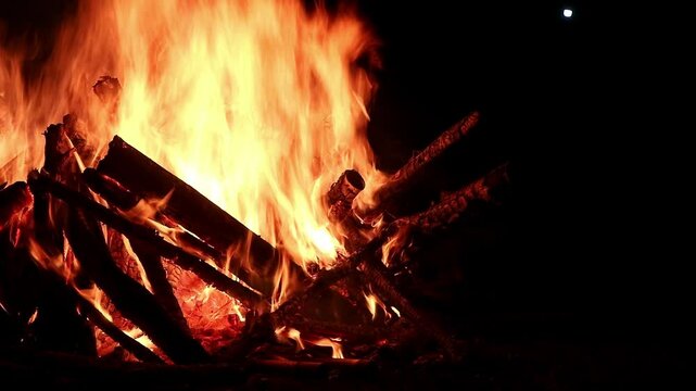 View loop of burning firewoods, bright firecamp with sparks at night, Camp fire in the night. Exploring the wildness travelling in outdoor