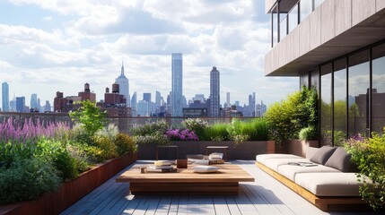 Fototapeta premium Stylish urban loft with a rooftop garden and city skyline view in the heart of a bustling city