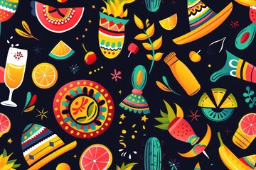 Colorful Mexican Fiesta Pattern with Cacti, Fruits, and Sombrero on Dark Background