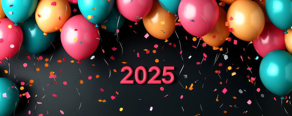Colorful balloons and confetti celebrating the New Year 2025, isolated on a dark background.
