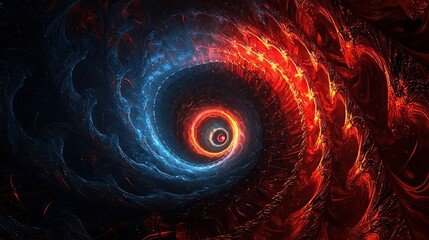  Red-blue-black spiral computer image with red center, smaller red and blue spirals surrounding it