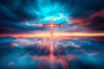 Fototapeta premium Majestic cross glowing in golden light amidst storm clouds and radiant peacefulness