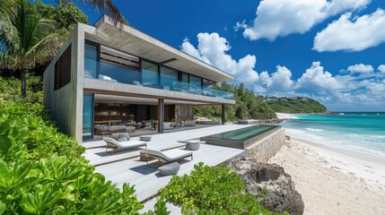 Fototapeta premium Ultra-modern vacation home with a sleek design, situated on a private, serene beach