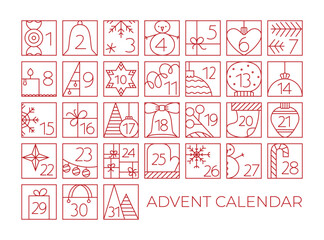 Christmas December Advent Calendar elements with cute line illustrations. Outline grid with snowman, toy, bell icon