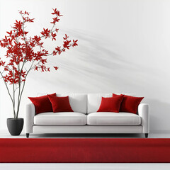 A chic white sofa adorned with red cushions and a decorative plant, set against a minimalist white wall, ideal for modern interior decor.