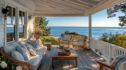 Fototapeta premium Vintage seaside cottage with a charming porch and beautiful ocean views